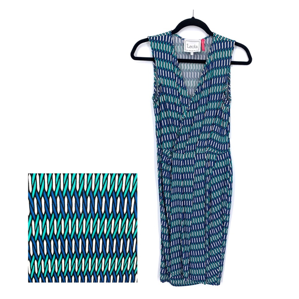 Leota Green and Blue Print Compass Rose Sleeveless Faux Wrap Midi Dress Small